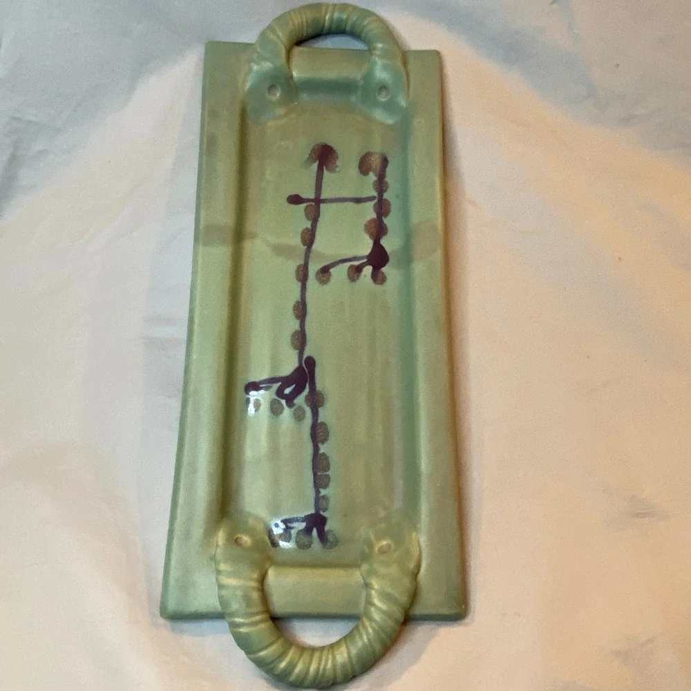 Jan Sadowski Pottery Serving Tray Dish Green Ceramic Handles Decorative‎ Art